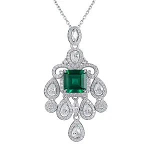 Pingente de prata esterlina s925 luxuoso com pedras preciosas, colar de esmeralda criado em laboratório, gargantilha com corrente de esmeralda, joia fina personalizada