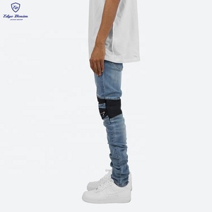 Bordo DENIM personalizzato blu nero con cerniera in <span class=keywords><strong>pelle</strong></span> plissettata Moto Biker <span class=keywords><strong>Jeans</strong></span> da uomo - Product Image 5