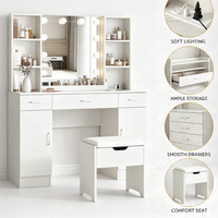 Ensemble de coiffeuse moderne blanche avec miroir lumineux, étagères de rangement ouvertes et tiroir, pour chambre à coucher