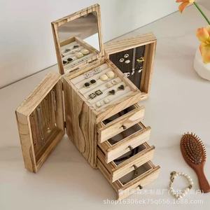 Wooden Multi Layer Vintage Jewelry Storage Box With <b>Mirror</b> Necklace Organizer Solid Wood Jewelry Box For Women - Product Image 3