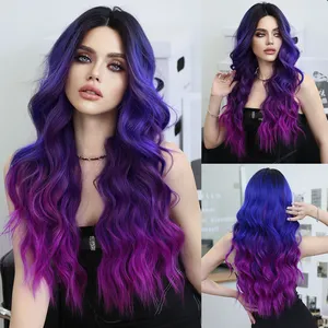 Long Wavy Colors Wigs With Black Roots Lace Front Synthetic Wig Middle Part Curly Wavy Ombre Blue Purple Wig For Daily Party Use