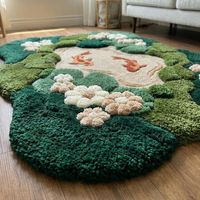 Karpet Rajut Tangan Motif Ikan Koi Oranye Lumut, Bentuk Tidak Beraturan Terinspirasi Kolam, untuk Kamar Tidur, Ruang Tamu, Ruang Santai, Kreatif