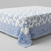 Nappe Moderne Bleue à Motifs Floraux Imprimés, 100% Coton, Faite à la Main, Lavable, Personnalisable, pour Table à Manger, Hôtel, Restaurant, Mariage, Fête