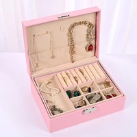 Boîte à bijoux rectangulaire grande taille à 2 niveaux avec serrure pour femmes, rangement pour bagues, boucles d'oreilles, colliers, en cuir PU
