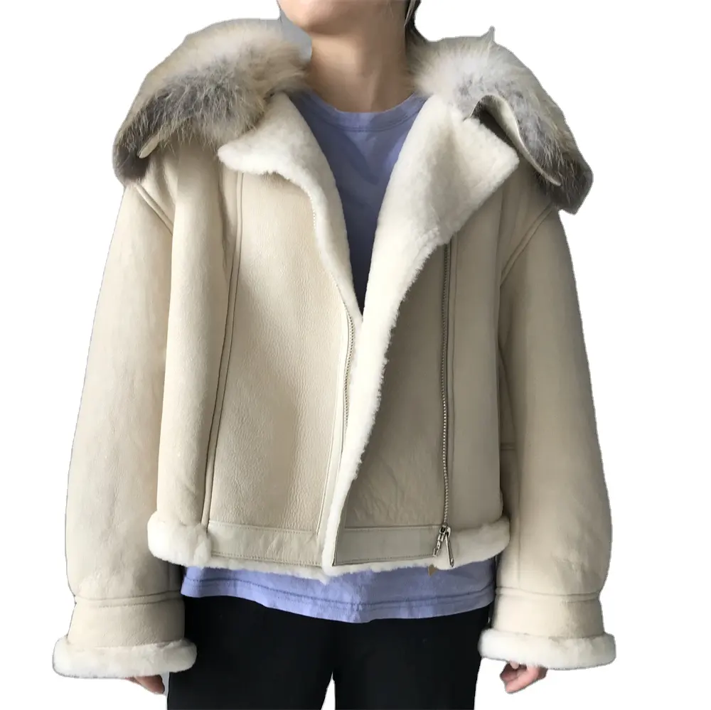 Prix usine mode chaud mouton peau de mouton veste manteau col de renard concepteur dames veste en cuir