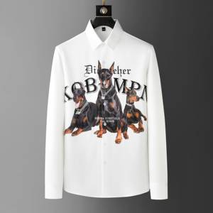 Camicia bianca a maniche lunghe da uomo con stampa audace di Doberman, design con <span class=keywords><strong>testo</strong></span>, dichiarazione di stile, tessuto antipiega e senza bisogno di stiratura. - Product Image 1