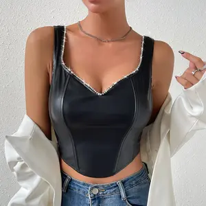 Chuangerm Street style V-neck with diamond edge fish bone PU leather buckle and diamond edge slim fitting sexy suspender vest