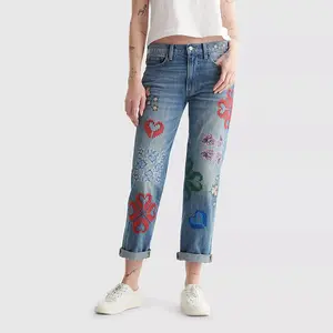 Damen Elegante Casual Machine Bestickte Mid Rise Denim Jeans Hose für den Sommer