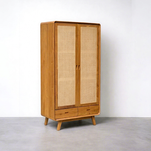 Midcentury Modern 2 Door Rattan Cane <b>Wardrobe</b> with 2 <b>Drawers</b> Solid Wood Freestanding Bedroom Armoire - Product Image 1