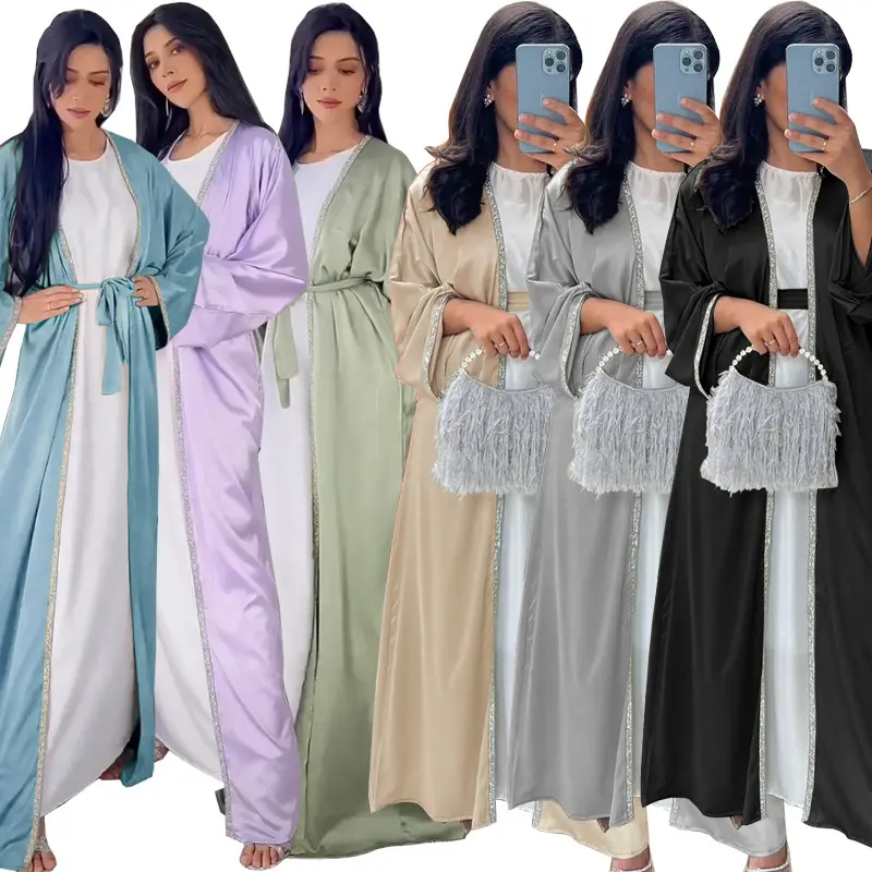 2024 Dubai Saudi Satin Long Sleeve Abaya Robe 2Pcs Set Clothing Inner Dress For Muslim Ladies Diamond Open Front Cardigan Abaya