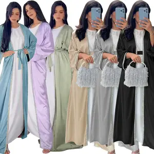 2024 Дубай Саудовский Атласный халат с длинным рукавом абайя комплект из 2 предметов, внутреннее платье для мусульманских дам, кардиган с открытым спереди со стразами