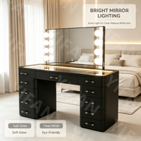 Table de toilette moderne de luxe, commode noire brillante avec quincaillerie dorée et rangement éclairé par LED