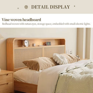 <span class=keywords><strong>Lit</strong></span> de rangement hydraulique moderne en bois de caoutchouc 150x200cm Queen avec tête de <span class=keywords><strong>lit</strong></span> en rotin sculptée à la main, port USB, veilleuse, écologique, OEM - Product Image 4