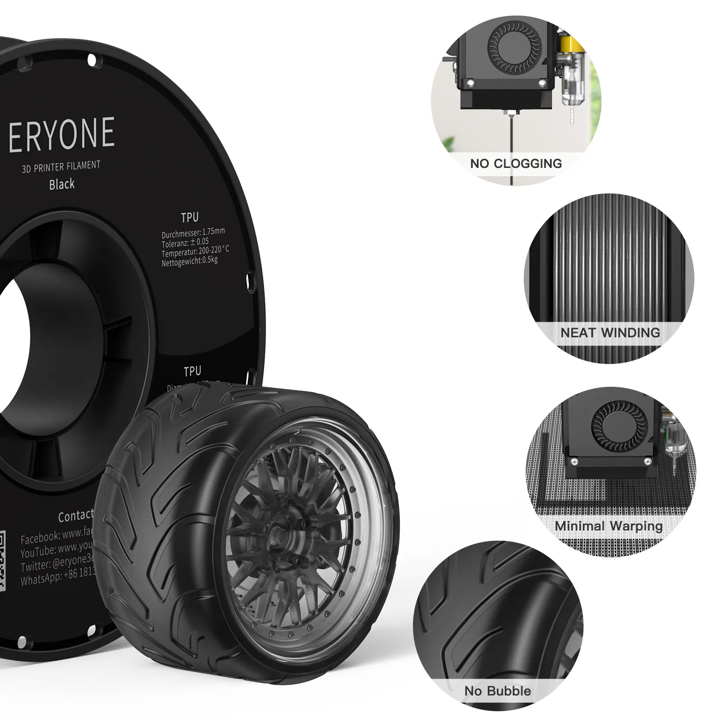 Eryone TPU Filament, Black TPU Filament 1.75mm, Filament for FDM 3D Printer 0.5kg/ Spool