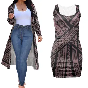 Polynesian Gray Tribal Custom Print 2 Piece Set Women Spring 2023 Luxury Lady Outfits 2Pcs Set Cardigan Coat and Matching Dress