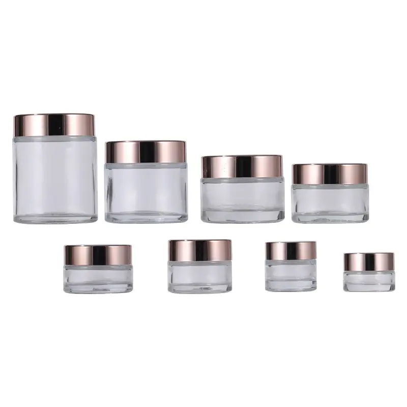 5Ml 15Ml 30Ml 50Ml 100Ml Ronde Clear Glazen Potten Met Rose Gold Flat Top Deksels voor Crèmes, lotion, Make-Up, Cosmetica, Monsters,