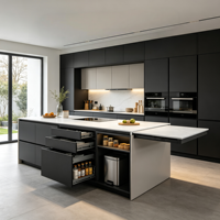 Meubles de cuisine modulaires modernes et minimalistes en contreplaqué, îlot central, écoresponsables et durables, avec comptoir, pour villas et appartements