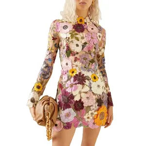 2023 Autumn Floral Long Sleeve Dresses Women Apparel Three-dimensional flowers Sexy Embroidered Mini Dress