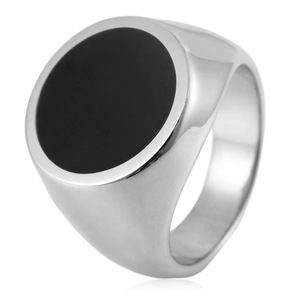 yunnique Men's <b>Titanium</b> Steel <b>Ring</b> Round Black Inlay Bezel Setting Gift Jewelry - Product Image 1