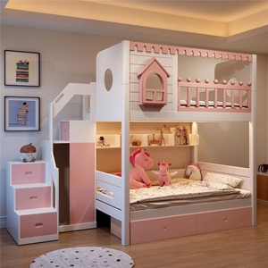 Cama litera estilo castillo <span class=keywords><strong>de</strong></span> cuento <span class=keywords><strong>de</strong></span> hadas JS <span class=keywords><strong>para</strong></span> <span class=keywords><strong>niñas</strong></span>, con estructura <span class=keywords><strong>de</strong></span> madera maciza resistente, tobogán, escalera, armario y doble cajón. - Product Image 1