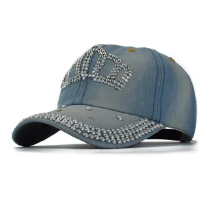 Diseño desgastado Denim Rhinestone 3D Front Bling gorras de béisbol logotipo personalizado Diamond Jeans Bejeweled Crown Sparkle Bling sombreros