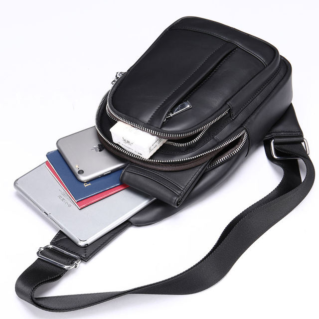 9007 New Fashion Men's Genuine Leather Large Capacity Crossbody Chest Sling Bag Soft Durable Zipper Closure Sports Chest Bag