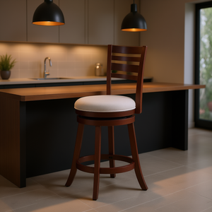 Taburete de Bar Db de 24 Pulgadas de Altura, Acabado en Cerezo, Estructura de Madera Maciza, Asiento de Tela Beige, Diseño Contemporáneo para Comedor - Product Image 2