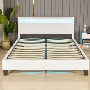 Moderno y elegante dormitorio suave LED cambiante pantalla característica cabecero color blanco cuero PU tapizado marco de la cama
