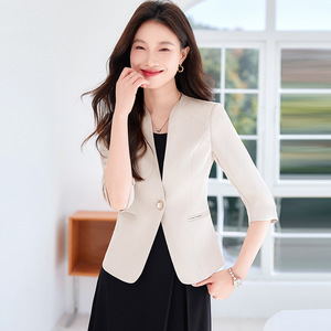 Women's Collarless Blazer Mid Sleeve Polyester Breathable Elegant Office Suit Jacket For Work Dress Pairing - Product Image 3