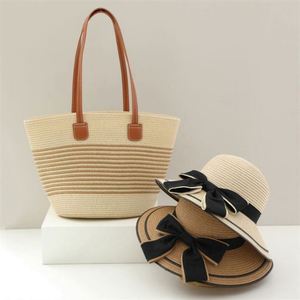 Wholesale New Tendy Women Large Capacity Summer Straw Woven <b>Bag</b> Two Piece Set Beach Straw <b>Hat</b> and <b>Bag</b> - Product Image 2