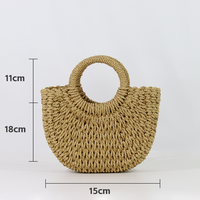 Bolso de mano de paja de ratán semicircular hecho a mano para mujer, con forro de poliéster y cierre de cordón, ideal para la playa en verano.