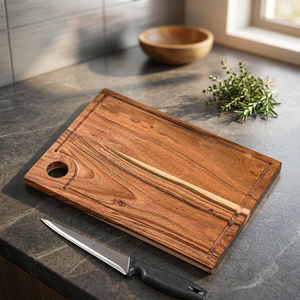 Planche à découper en bois artisanale rectangulaire avec poignée, grand motif découpé pour la préparation culinaire - Product Image 1