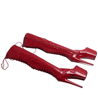20CM / 8 pouces brevet PU supérieur femmes mode tendance talon haut plate-forme dos à lacets Stretch cuisse haute botte pôle bottes de danse
