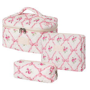 Borsa cosmetica con fiocco floreale in cotone personalizzato con fiocco da <span class=keywords><strong>donna</strong></span> con chiusura a cerniera portaoggetti portaoggetti per viaggi <span class=keywords><strong>accessori</strong></span> carini di moda - Product Image 2
