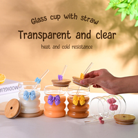 Ensemble de tasses à boire en verre côtelé avec couvercles et pailles personnalisées avec décoration de nœud papillon mignon 330ml verres à thé glacé et café à bière