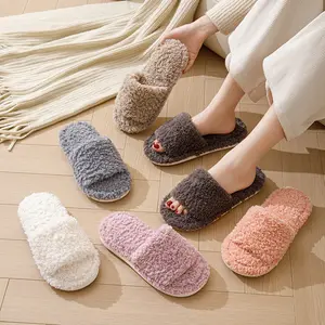 Zapatillas de algodón de felpa con punta abierta rizada para mujer, Zapatillas de casa de lana para interiores europeas y americanas