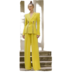 Осенний повседневный женский костюм с V-образным вырезом, желтый, однотонный, персонализированный, для повседневной носки, из камвольной ткани, комплект из 2 предметов, длинный, полиэстер/хлопок - Product Image 1