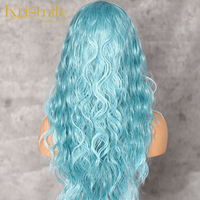 Water Wave Wig Sintetis Panjang Renda Depan, Rambut Palsu Biru Muda untuk Pesta Wanita Tarik Cosplay Ratu Hadiah Suhu Tinggi Harian Pernikahan