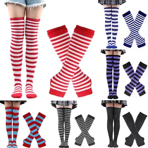 Conjunto de calcetines largos a rayas de arcoíris para mujer, hasta la rodilla, sin dedos, para fiesta de Cosplay, suministros de disfraces, calcetines lisos de Navidad para niña