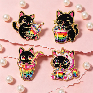 4 styles de pin's en émail mignons : Chat noir, <span class=keywords><strong>Bubble</strong></span> Tea, Boba Kitty arc-en-ciel, Chat licorne. Badges de revers et broches pour la décoration de sacs à dos et vestes, ou comme cadeau. - Product Image 1