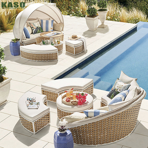 Lit de Jour Design Moderne avec Baldaquin, Mobilier de Patio, Chaise Longue de Luxe pour Hôtel et Jardin, Chaise Longue Ronde en Aluminium et Rotin PE pour Extérieur - Product Image 2