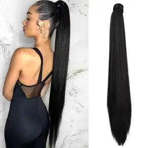 Extension de cheveux queue de cheval enveloppant, cheveux humains longs soyeux, droits et bouclés avec cordon de serrage, queue de cheval pour femmes noires