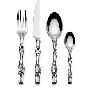 <b>Vintage</b> Metal Flatware Set With Textured Handles Fork Knife Spoon Teaspoon Dishwasher <b>Safe</b> High Mirror Polish Finish - Product Image 1