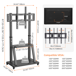 Chariot <span class=keywords><strong>TV</strong></span> de 32 à 100 <span class=keywords><strong>pouces</strong></span> de hauteur Support <span class=keywords><strong>TV</strong></span> à plancher mobile Hauteur réglable - Product Image 2