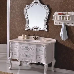 Soild Wooden Bathroom Cabinet Luxury Antique White Vanity Furniture Set