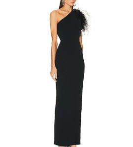 <span class=keywords><strong>Abito</strong></span> lungo da sera per banchetti da donna Sexy Slim con spacco senza maniche con Design in piuma nera con spalla inclinata - Product Image 2