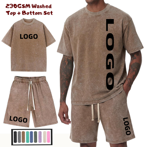 Ensemble de t-shirts et shorts en coton <span class=keywords><strong>pour</strong></span> hommes avec logo personnalisé, style vintage, lavage à l'acide, manches courtes, tenue décontractée, ensemble 2 pièces - Product Image 4