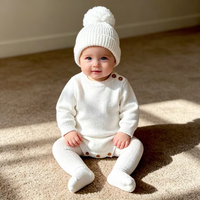 Pinuotu personnalisé correspondant bébé vêtements ensemble tenue d'hiver pour les tout-petits 100% coton tricot ensembles pompon bonnet bouton bulle barboteuse