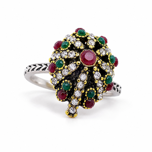 Anello retrò turco con pietre bicolore, gioiello classico da donna per l'uso quotidiano - Product Image 1