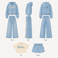 Ensemble deux pièces personnalisé pour femme, effet délavé, comprenant un sweat à capuche court zippé et un pantalon de survêtement large, bleu, vente en gros de sweats à capuche et de survêtements